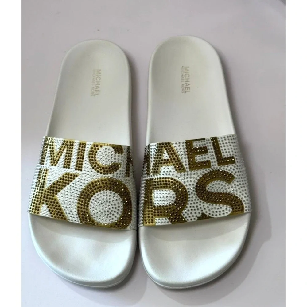 Michael Kors Womens Slides Sandals White Gold Rhinestone Logo Pool Slippers 8M